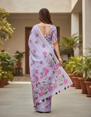 Purple colour leaf digital printed linen cotton saree  with jhalar 3
