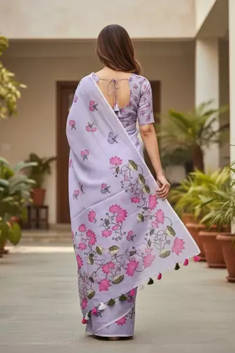 Purple colour leaf digital printed linen cotton saree  with jhalar