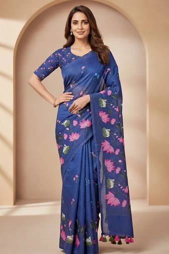 Blue colour leaf digital printed linen cotton saree with jhalar