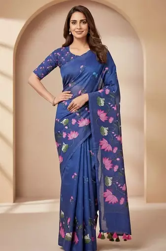 Blue colour leaf digital printed linen cotton saree with jhalar