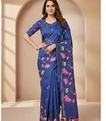 Blue colour leaf digital printed linen cotton saree with jhalar