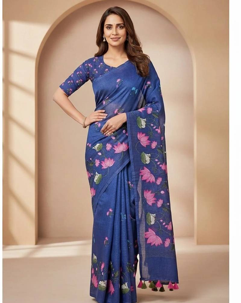 Blue colour leaf digital printed linen cotton saree with jhalar