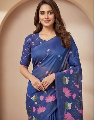 Blue colour leaf digital printed linen cotton saree with jhalar 2