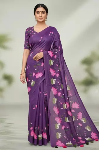 Purple colour leaf digital printed linen cotton saree  with jhalar