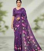 Purple colour leaf digital printed linen cotton saree  with jhalar
