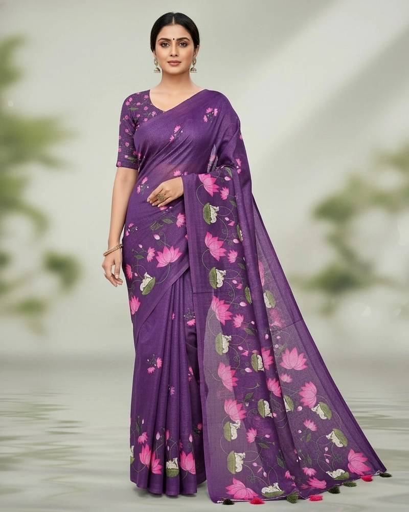 Purple colour leaf digital printed linen cotton saree  with jhalar