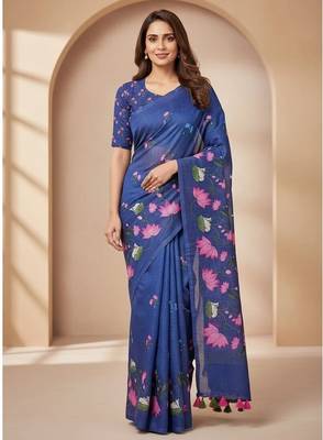 Blue colour leaf digital printed linen cotton saree with jhalar 3