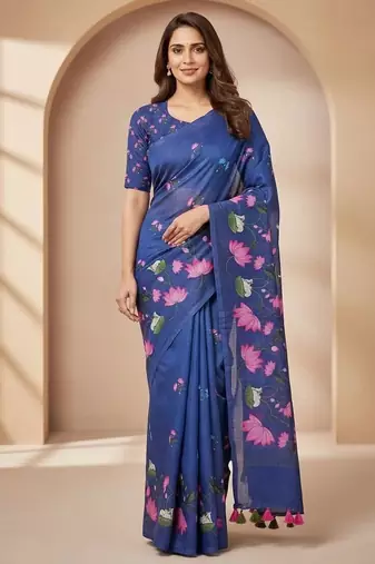 Blue colour leaf digital printed linen cotton saree with jhalar