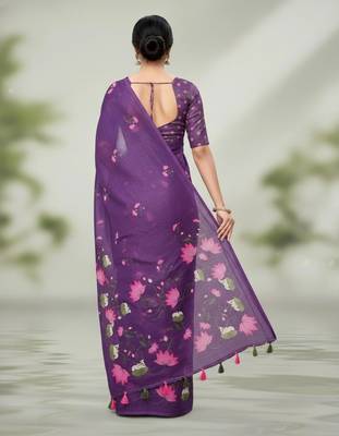 Purple colour leaf digital printed linen cotton saree  with jhalar 2