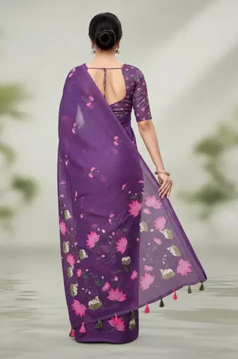 Purple colour leaf digital printed linen cotton saree  with jhalar