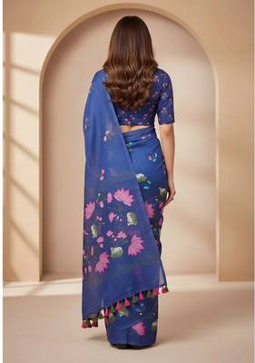 Blue colour leaf digital printed linen cotton saree with jhalar 4