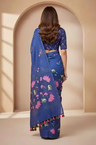 Blue colour leaf digital printed linen cotton saree with jhalar