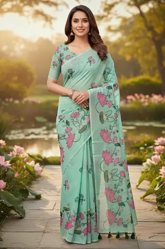 Green colour leaf digital printed linen cotton saree with jhalar