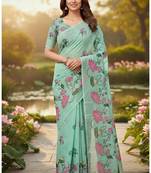 Green colour leaf digital printed linen cotton saree with jhalar