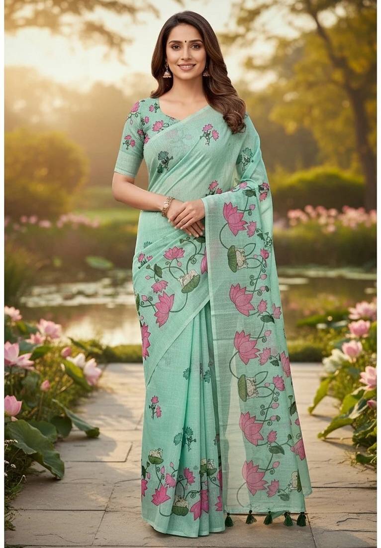 Green colour leaf digital printed linen cotton saree with jhalar