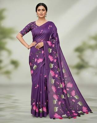 Purple colour leaf digital printed linen cotton saree  with jhalar 3