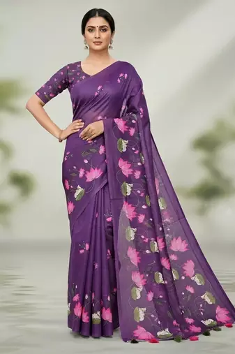 Purple colour leaf digital printed linen cotton saree  with jhalar