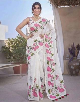White colour leaf digital printed linen cotton saree with jhalar 1
