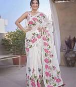 White colour leaf digital printed linen cotton saree with jhalar