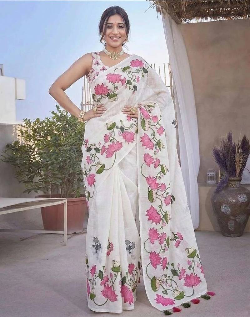White colour leaf digital printed linen cotton saree with jhalar