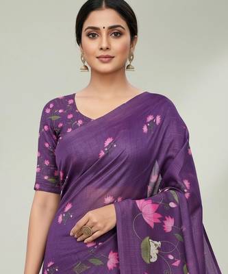 Purple colour leaf digital printed linen cotton saree  with jhalar 4