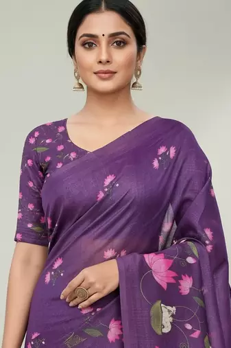 Purple colour leaf digital printed linen cotton saree  with jhalar