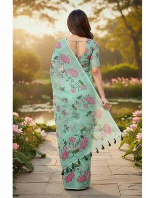 Green colour leaf digital printed linen cotton saree with jhalar 2