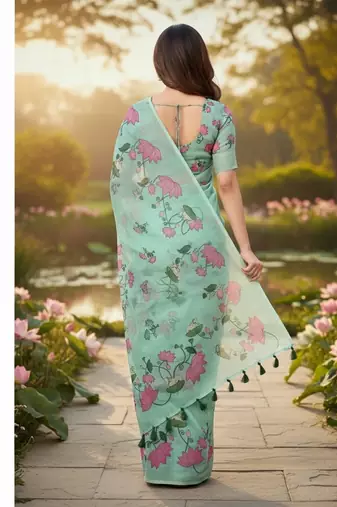 Green colour leaf digital printed linen cotton saree with jhalar