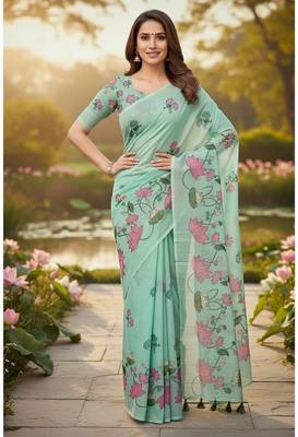 Green colour leaf digital printed linen cotton saree with jhalar 3