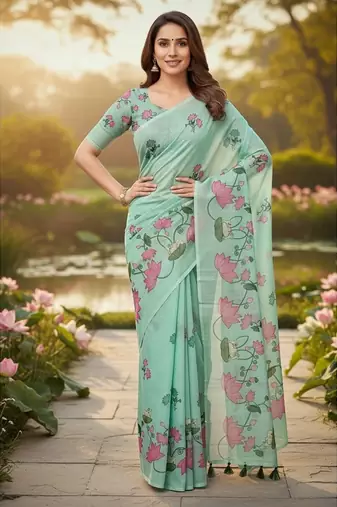 Green colour leaf digital printed linen cotton saree with jhalar