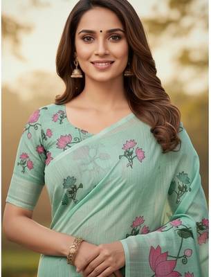Green colour leaf digital printed linen cotton saree with jhalar 4