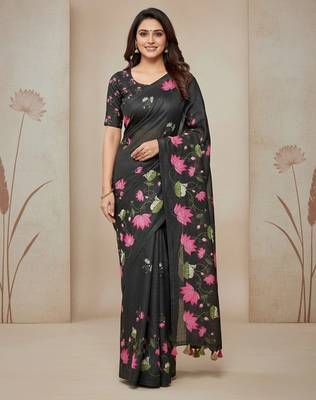 Black colour leaf digital printed linen cotton saree with jhalar 1