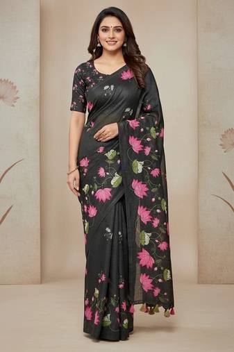 Black colour leaf digital printed linen cotton saree with jhalar