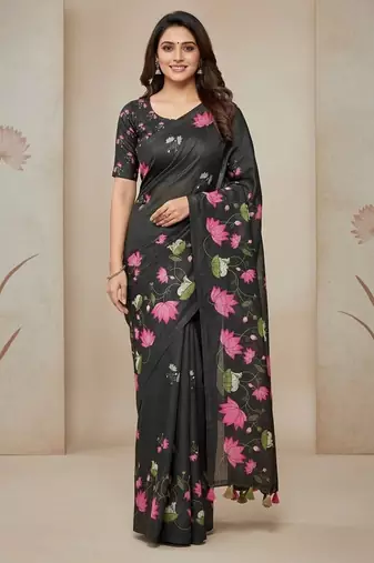Black colour leaf digital printed linen cotton saree with jhalar