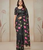 Black colour leaf digital printed linen cotton saree with jhalar