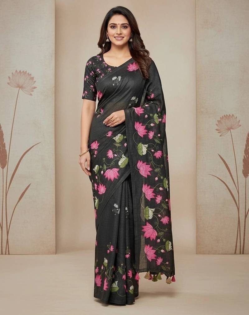 Black colour leaf digital printed linen cotton saree with jhalar