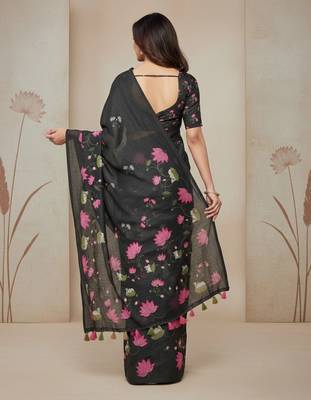 Black colour leaf digital printed linen cotton saree with jhalar 2