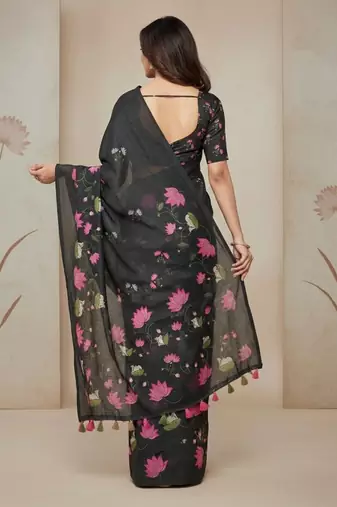 Black colour leaf digital printed linen cotton saree with jhalar