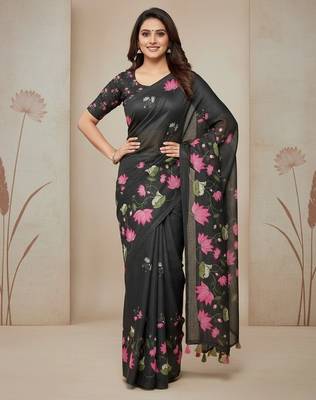 Black colour leaf digital printed linen cotton saree with jhalar 3