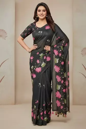 Black colour leaf digital printed linen cotton saree with jhalar