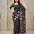 Black colour leaf digital printed linen cotton saree with jhalar