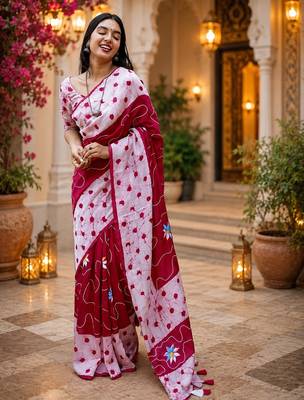 Pink colour leaf digital printed linen cotton saree 1