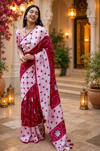 Pink colour leaf digital printed linen cotton saree