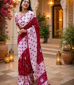 Pink colour leaf digital printed linen cotton saree