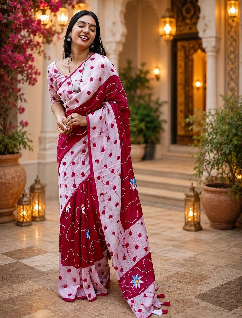 Pink colour leaf digital printed linen cotton saree