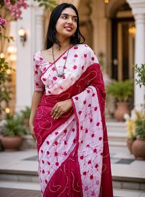 Pink colour leaf digital printed linen cotton saree 2