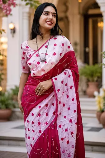 Pink colour leaf digital printed linen cotton saree