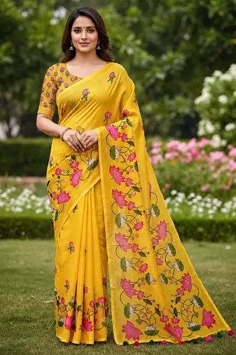 Yellow colour leaf digital printed linen cotton saree