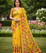 Yellow colour leaf digital printed linen cotton saree