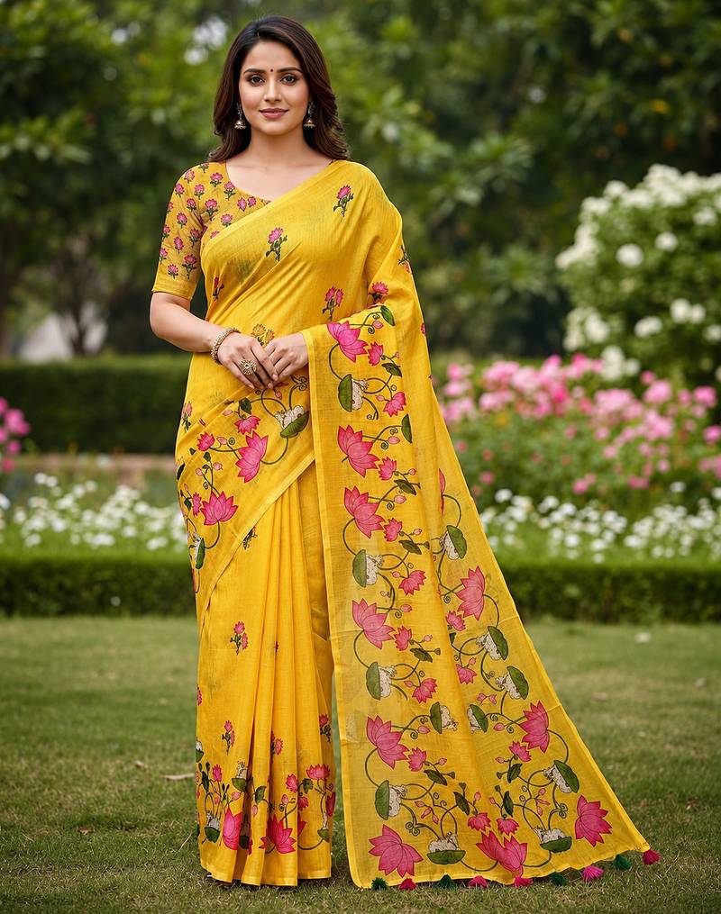 Yellow colour leaf digital printed linen cotton saree